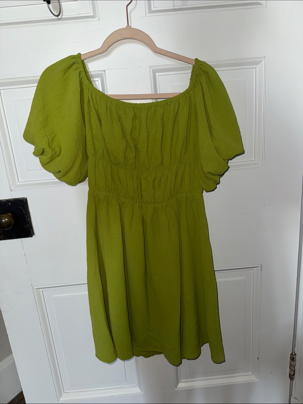 Olive Green Puff-Sleeve Mini Dress - Smocked Bodice Casual Dress